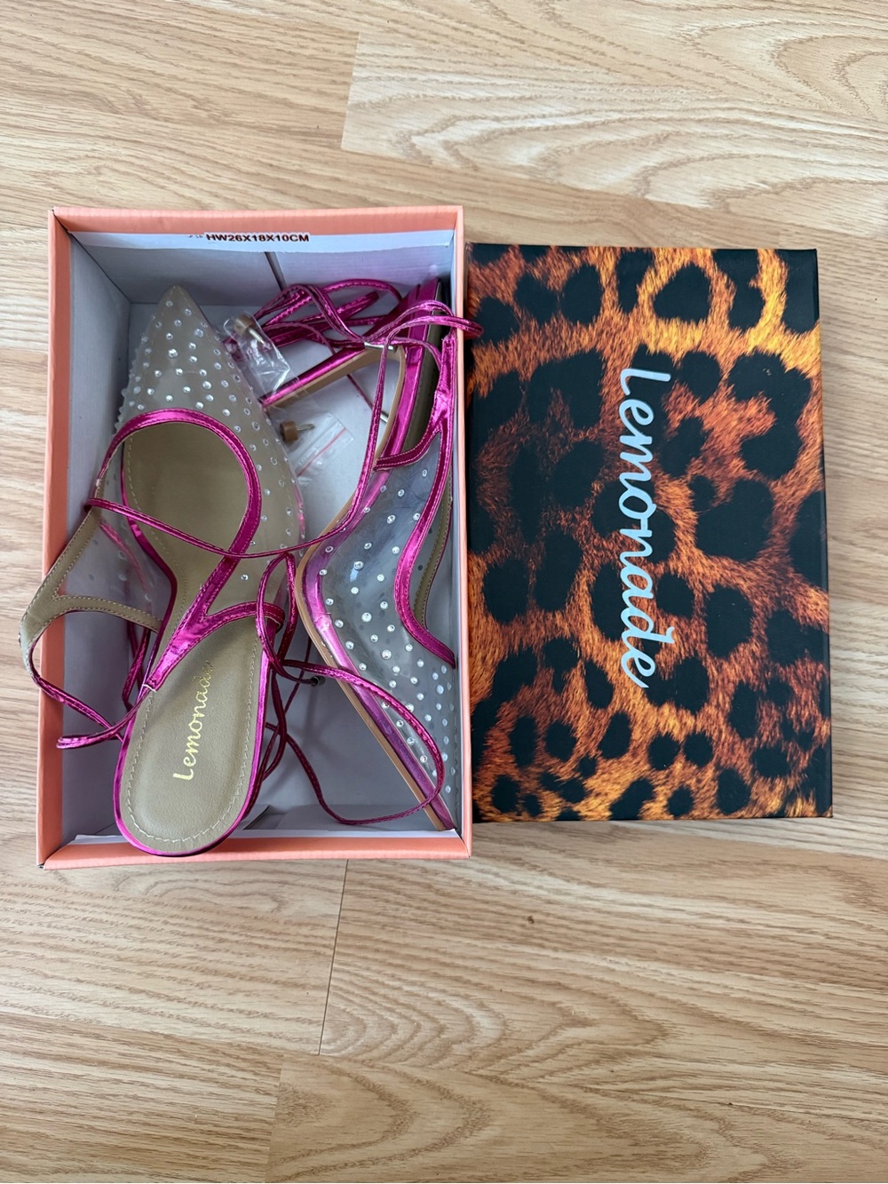 Lemonade Sexy Pink Metallic Lace-Up Heels with Clear Studded Straps